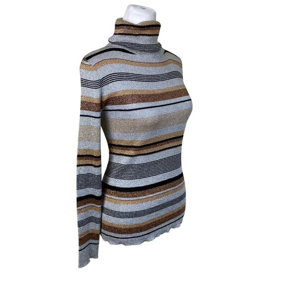 Vintage 70s 80s Metallic Lurex Striped Turtleneck Sweater Gold Silver Bronze - Picture 13 of 16
